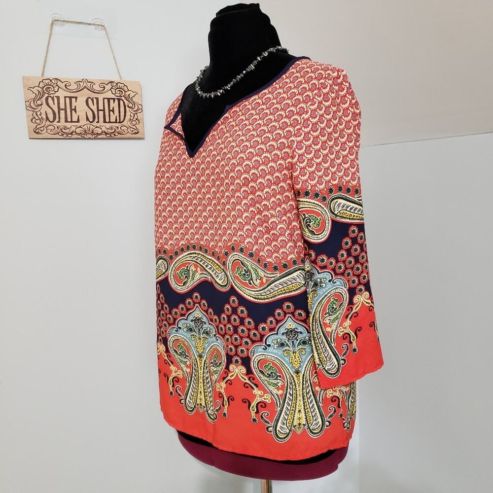 Split Neck 3/4 Sleeve Pullover Tangerine Paisley Tunic Top by Miami Medium - Picture 4 of 12